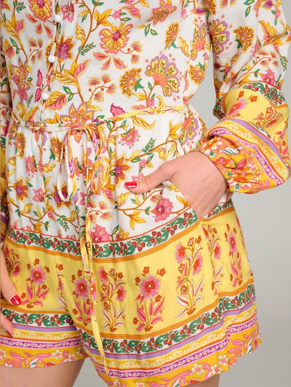 NWT Boho Floral Long-Sleeve Yellow Tie-Front Romper Size S, M & L - Picture 2 of 4